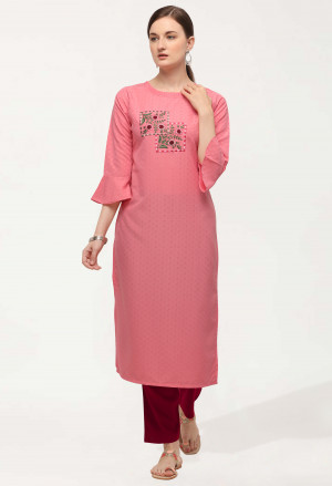 Pink color cotton blend kurti with weaving hand work