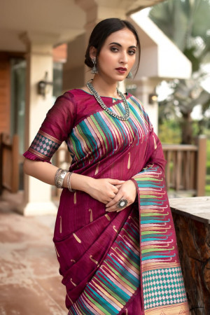 Magenta color pure tussar silk saree with ikkat woven border