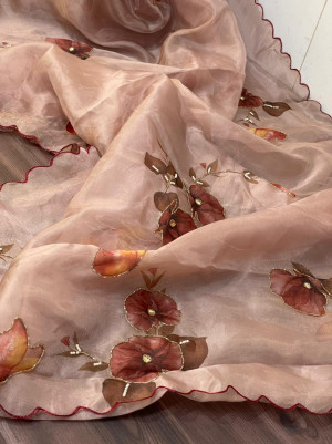 Peach color organza saree with digital print & handwork