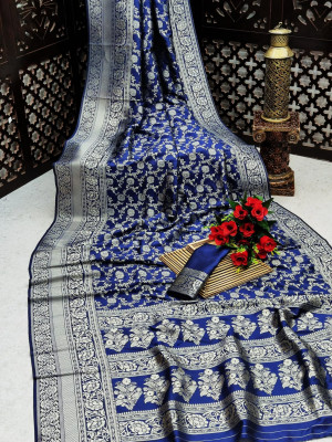 Blue color banarasi silk saree with silver zari weaving work
