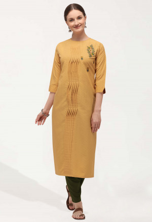 Yellow color cotton blend kurti with weaving hand work