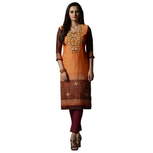 Orange and brown color georgette kurti with embroidery printed work