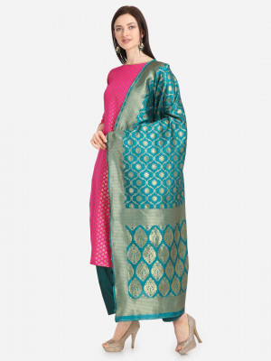 Pink & sea green color unstitched jacquard weaving dress material