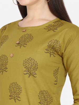 Mustard yellow color cotton blend kurti with foil print