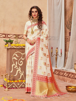 White color cotton jacquard silk saree with weaving work