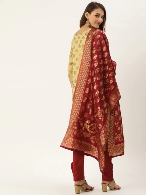 Beige & maroon color Silk blend dress material