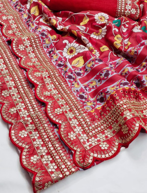 Red color pure kumari silk saree with digital printed work