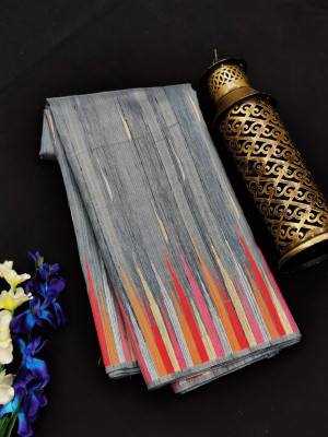 Gray color tussar silk weaving saree with ikat woven border