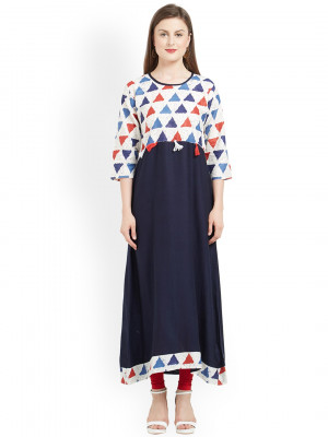 Navy blue and multi color cotton kurti with geomatric print