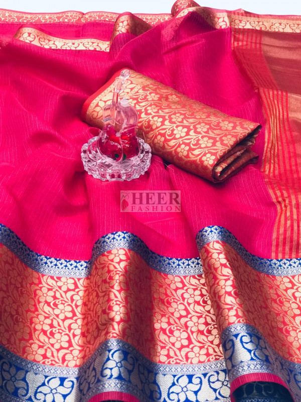 Pink color manipuri soft cotton silk saree with jacquard weaving blouse