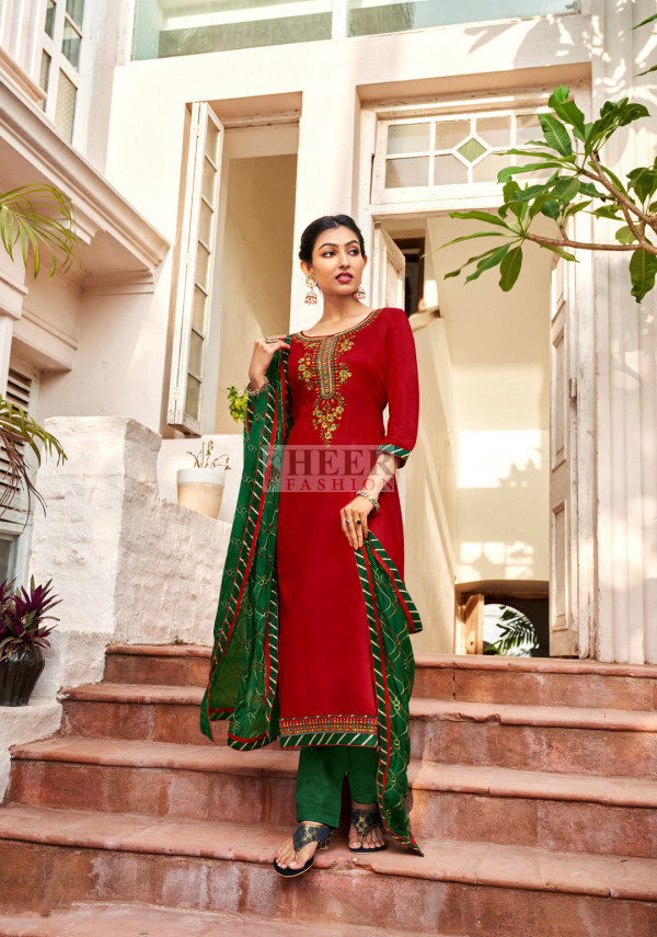 red colour combination dress Red Suit Combination Colour Churidar Red Colour Combination Dress Rose Red  Suit With Contrast