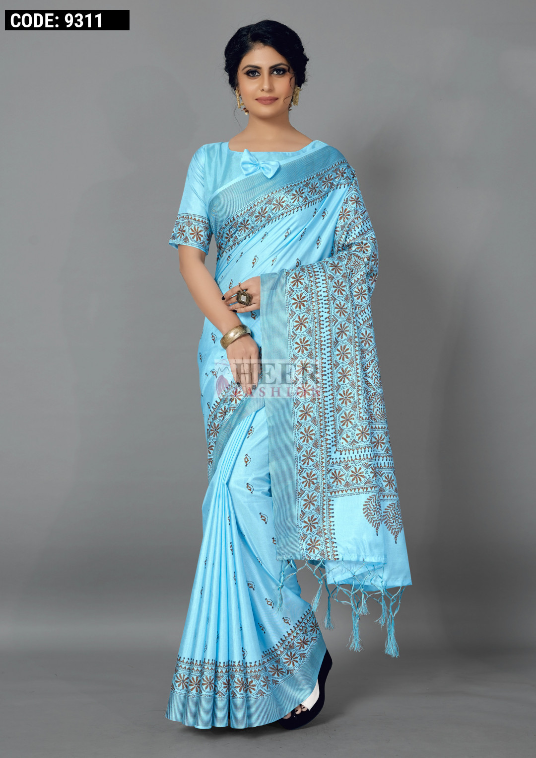 Sky blue color manipuri silk saree with printed