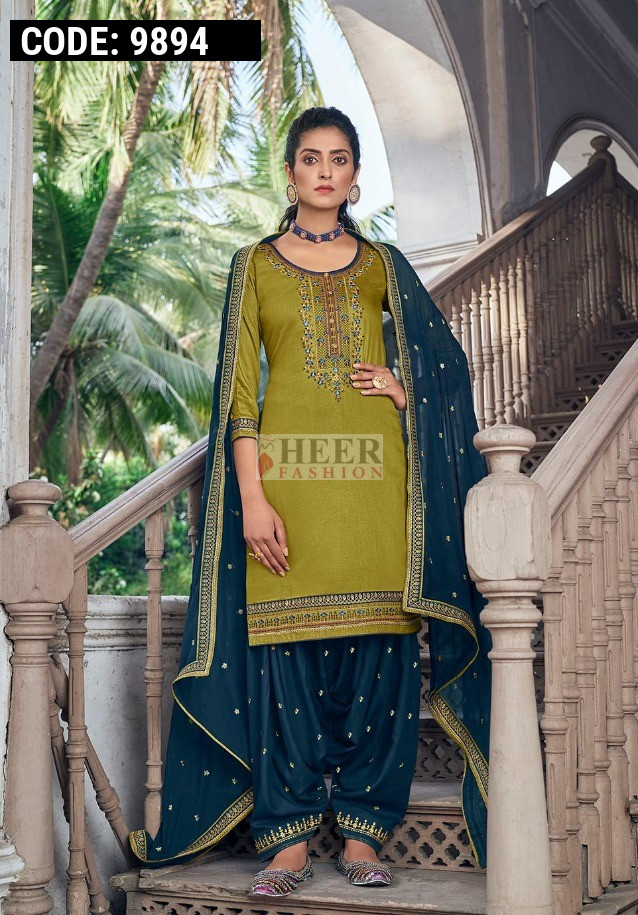 slim fit dress slacks Bottle Green Dress Material Featuring Delicate Floral Thread & Zari Em main image 1
