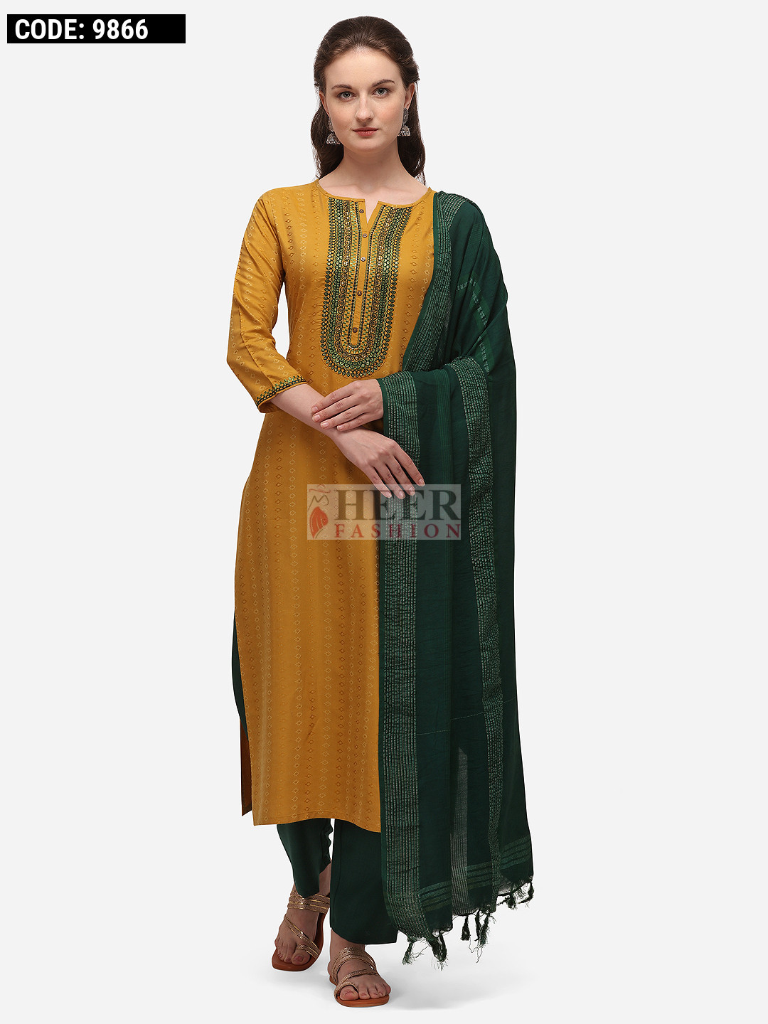Mustard yellow color cotton dress material