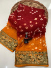 Maroon and orange color hand bandhej bandhani silk saree with zari weaving work