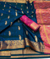 Navy blue color soft raw silk saree with weaving work