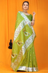 Parrot green color soft paithani silk saree with zari weaving work