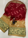 Maroon and mustad yellow color hand bandhej bandhani silk saree with zari weaving work