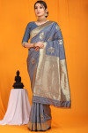 Gray color kanchipuram silk handloom saree with zari woven work