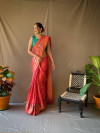Pink color pure silk saree with zari weaving work