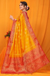 Yellow color balatan silk saree with golden zari weaving work