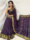 Purple color soft bandhani silk saree with khadi printed work