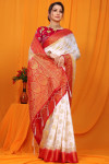 Off white color balatan silk saree with golden zari weaving work