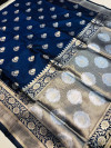 Navy blue color kanchipuram silk saree with golden zari weaving work