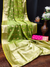 Parrot green color soft linen cotton saree with zari weaving work