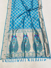 Sky blue color paithani silk saree with golden zari weaving work