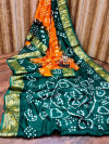 Yellow and green color hand bandhej bandhani silk saree with zari weaving work