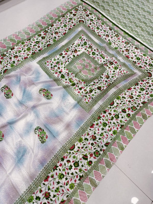 White and mehndi green color soft cotton saree with printed work