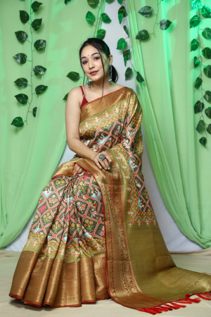 Mehndi green color patola silk saree with digital printed work