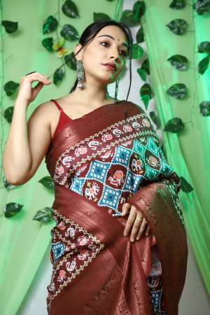 Maroon color patola silk saree with digital printed work