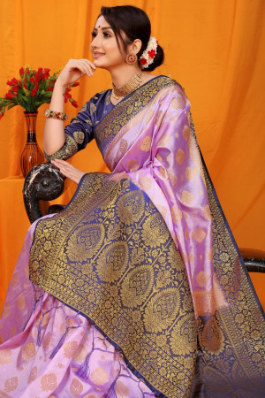 Lavender color balatan silk saree with golden zari weaving work