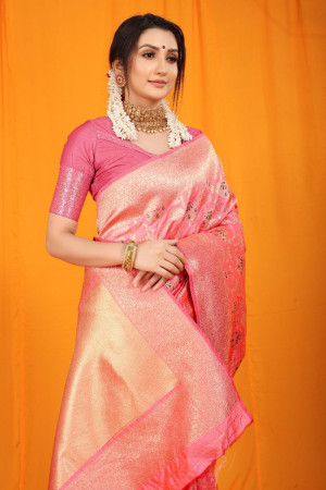 Baby pink color kanchipuram silk saree with  zari weaving work