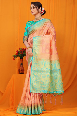 Peach color balatan silk saree with golden zari weaving work