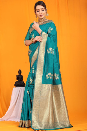 Firoji color kanchipuram silk handloom saree with zari woven work