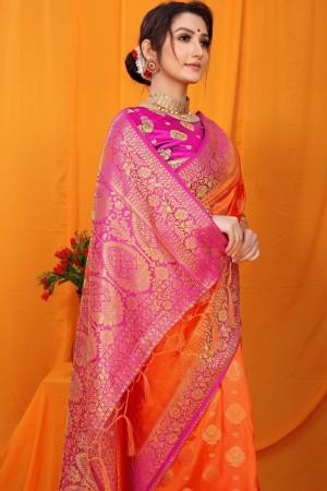 Orange color balatan silk saree with golden zari weaving work