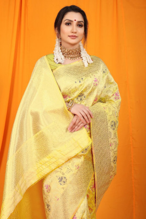 Light yellow color kanchipuram silk saree with zari weaving work