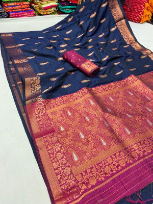 Navy blue color soft raw silk saree with weaving work