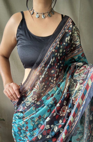 Sky blue color pure malai cotton saree with kalamkari printed work