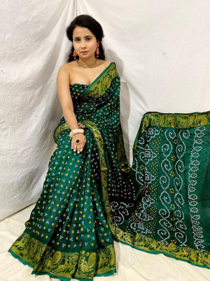 Dark green color soft bandhani silk saree with khadi printed work
