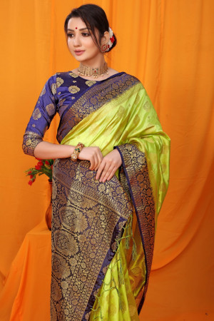 Pista green color balatan silk saree with golden zari weaving work
