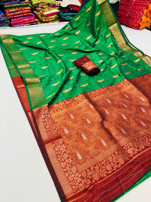 Parrot green soft raw silk saree with weaving work