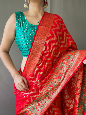 Red color pure silk saree with golden zari weaving work