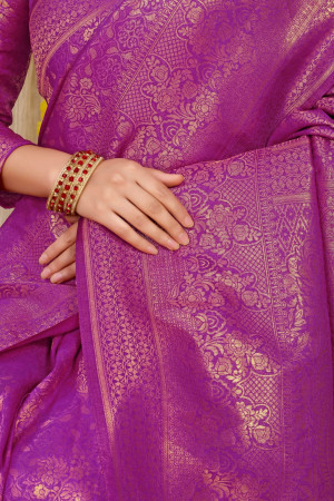 Magenta color soft fancy silk saree with golden zari weaving work