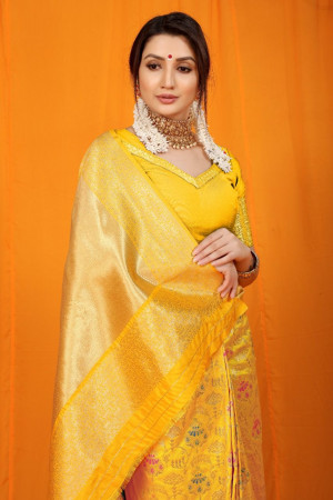 Yellow color kanchipuram silk saree with  zari weaving work