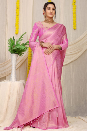 Baby pink color soft fancy silk saree with golden zari weaving work