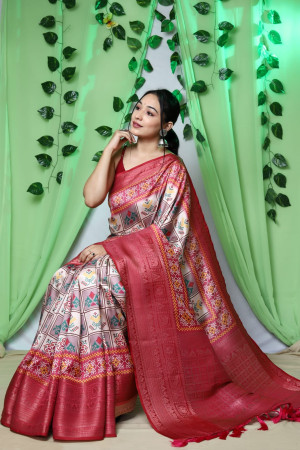 Off white color patola silk saree with digital printed work